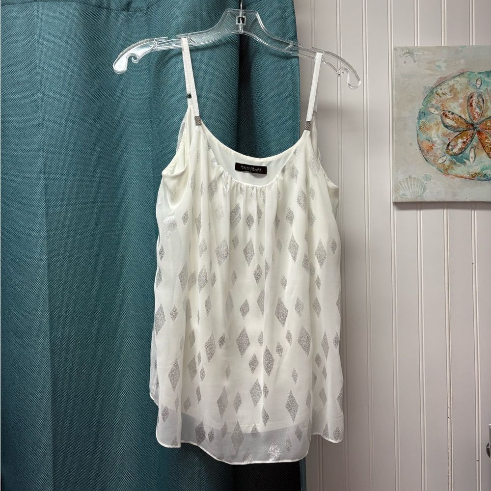 White House Black Market White and Silver Spaghetti Strap Top Size 12
